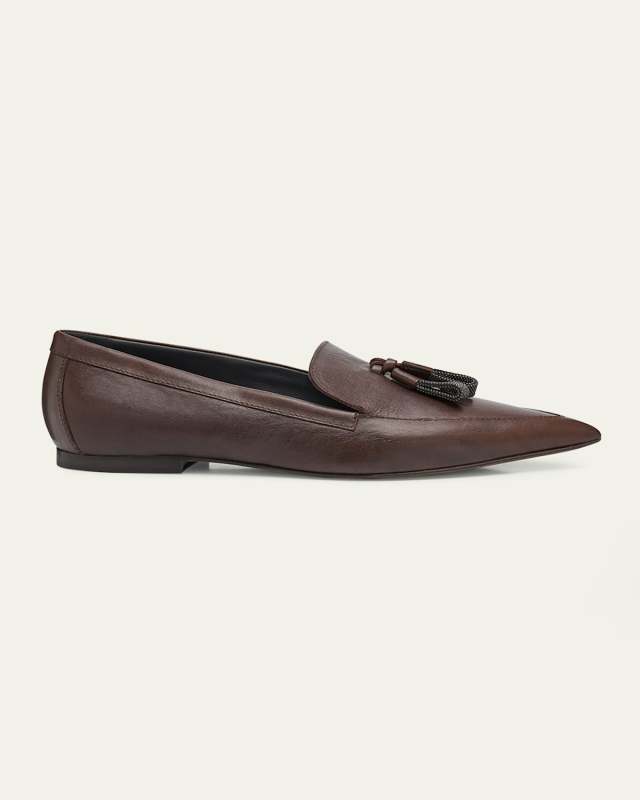 Monili Tassel Pointed Leather Ballet Flats